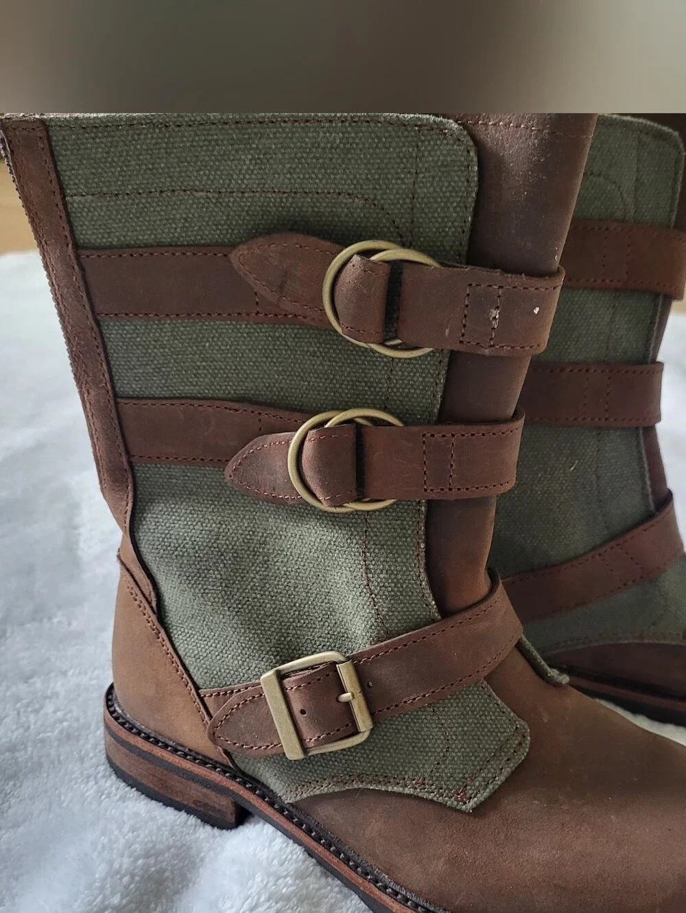 Brown Leather and Olive Canvas Buckle Boots